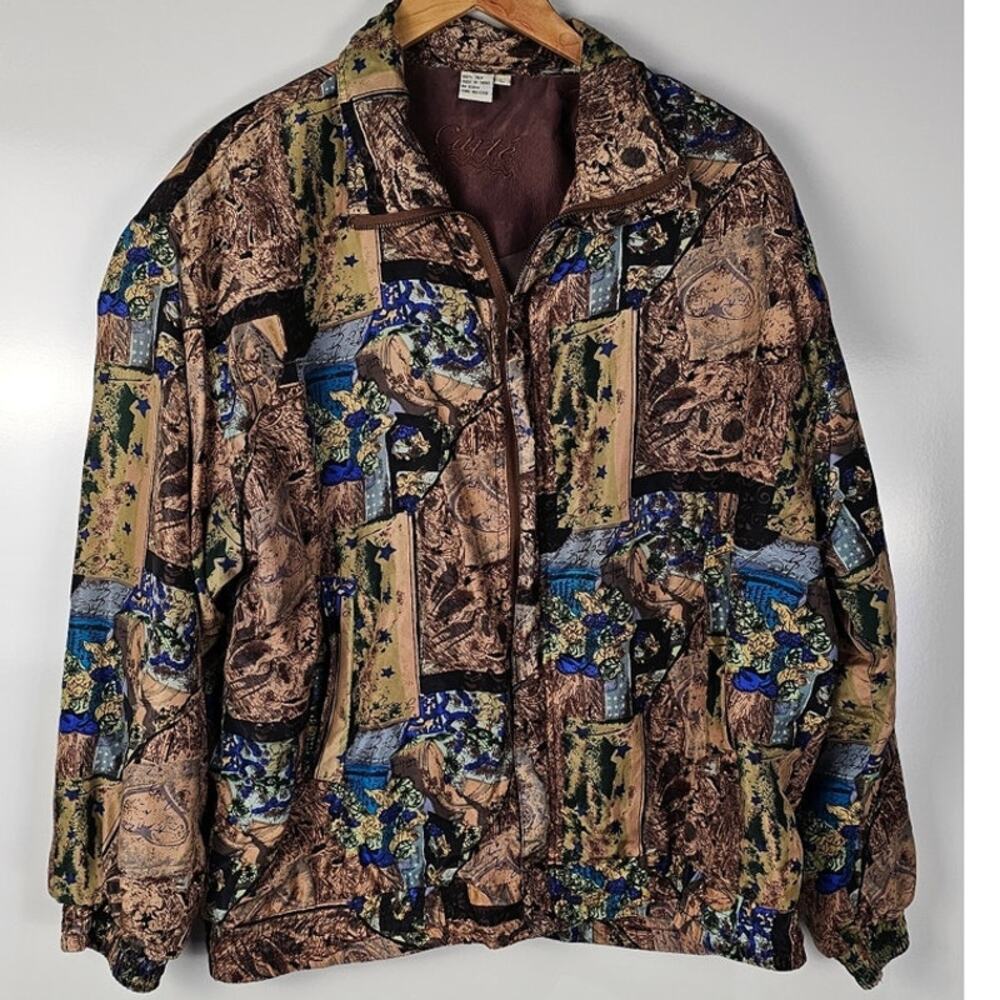 Carte VTG 100% silk jogger jacket size L zip front tan blue design